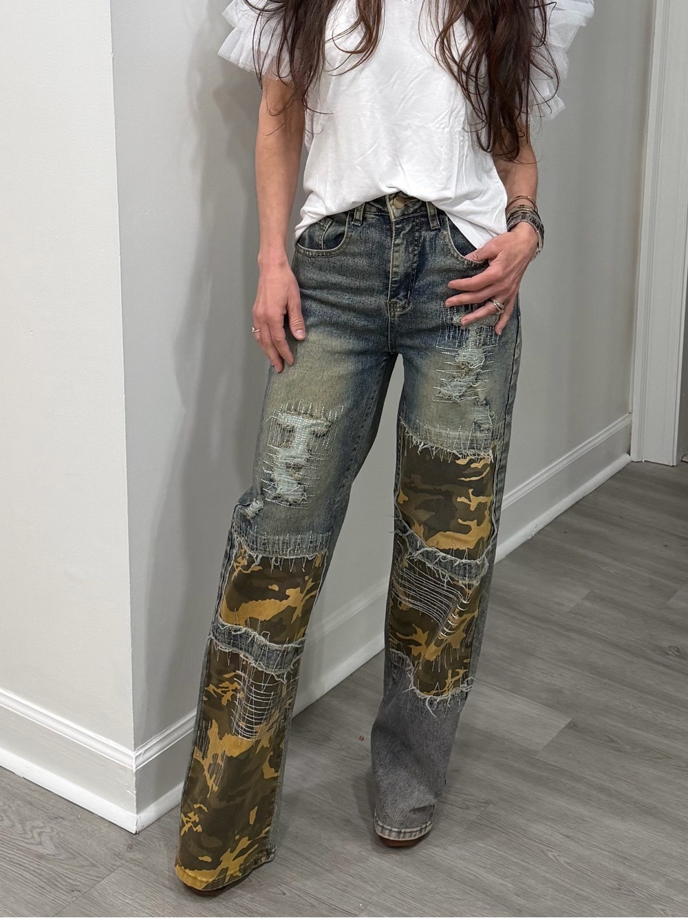 ShopEvelynne Distressed Wide-Leg Jeans with Camouflage Patches - Gray & Olive - Picture 2 of 3